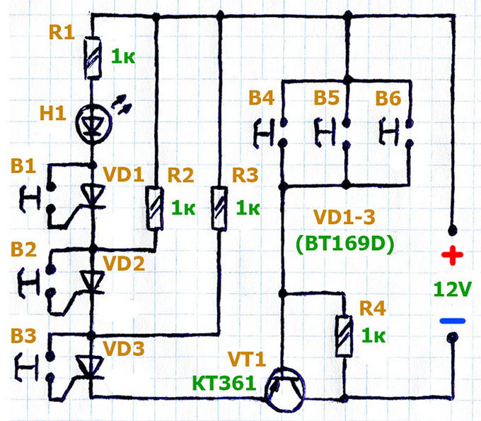 Схема простого электронного кодового замка на тиристорах, активируемая тремя кнопками