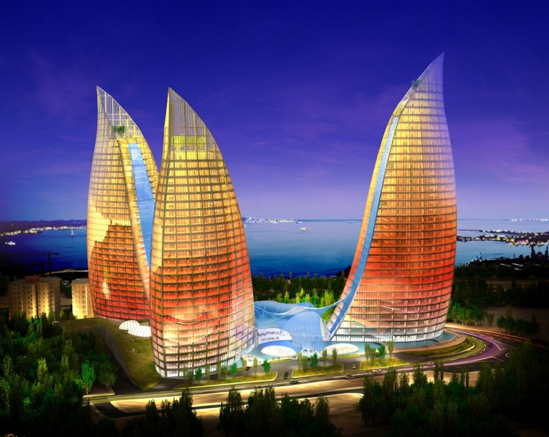 Новый азербайджан. Пламенные башни Flame Towers. Флейм Тауэрс Баку. Flame Towers Азербайджан. Огненные башни в Баку.