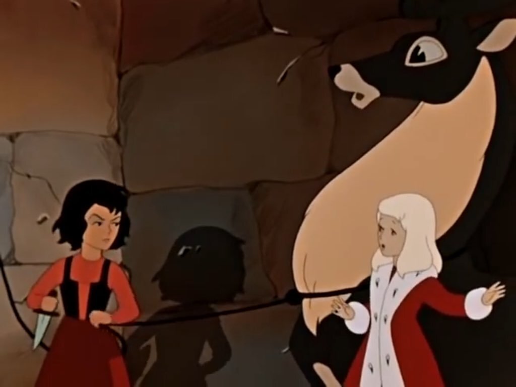 герда с разбойницей мультфильм. девочка разбойница из снежной королевы. разбойница из сказки снежная королева. снежная королева 1957 герда и разбойница. снежная королева мультфильм 1957 разбойница.