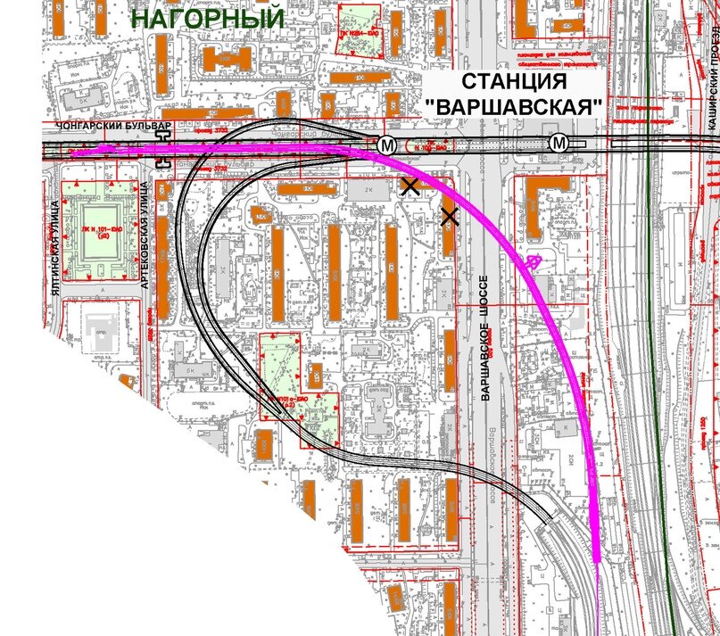 Схема новой ССВ.  Перед нами - главный виновник закрытия "Каховской", ведь для строительства именно этого объекта придется частично раскопать и разломать перегонные тоннели от "Варшавской" к "Каховской". На момент начала работ в марте-апреле (когда закрыли "Каховскую" и приступили к заборостроению), был актуален другой проект, по которому снос никаких домов не предполагался а трасса тоннелей проходила аккуратно между домами. Потом проект внезапно поменялся, оказалось что необходимо экстренно сносить 2 дома (оба пятиэтажных дома, правда, и так входили в программу реновации).