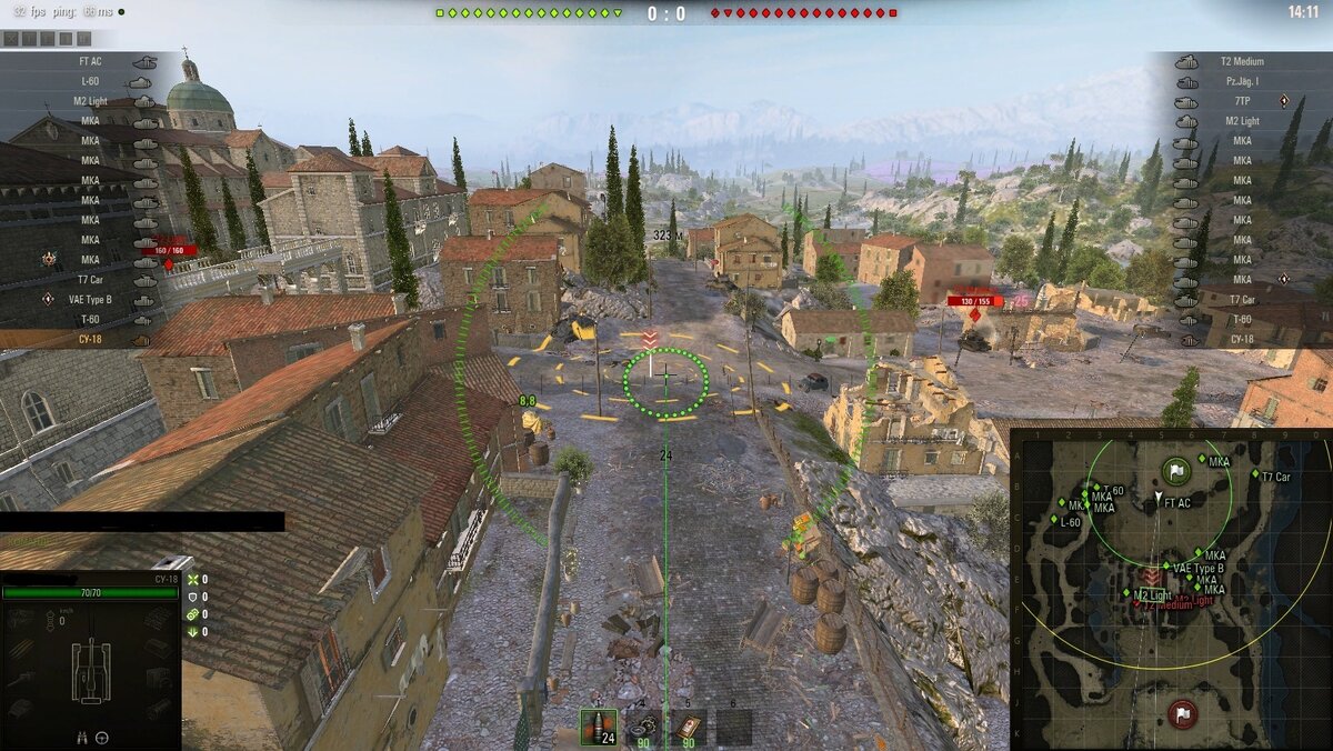 Стандартный вид в режиме арт-прицела:
Для данной арты максимальный круг дальности стрельбы не накрывает всю карту, за точками которые выстроились в ряд – уже не достать выстрелом:
Вид арт-прицела в режиме «траектории снаряда»:
Недостатки артиллерии
Артиллерия, помимо уникальных особенностей, упомянутых ранее, обладает ещё несколькими крупными недостатками:
