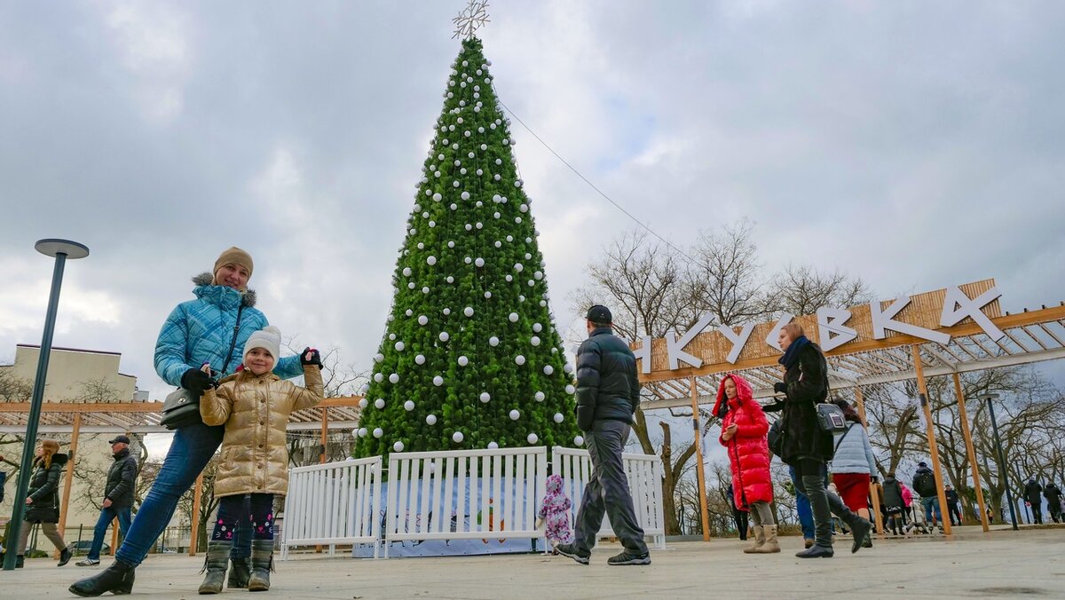 Центральный вход в парк и Новогодняя красавица ёлка