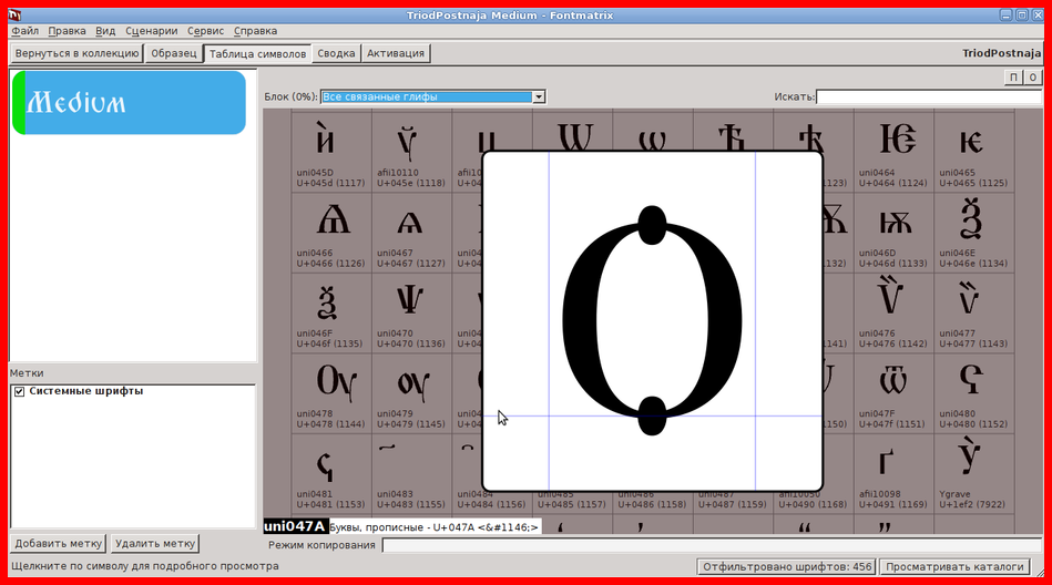 Просмотр символов шрифта