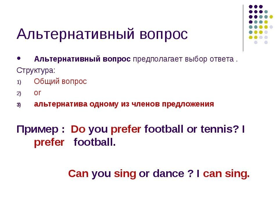 Альтернативный вопрос. Построение и примеры.