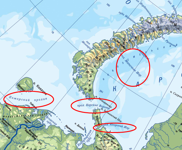 Проливы баренцева моря на карте