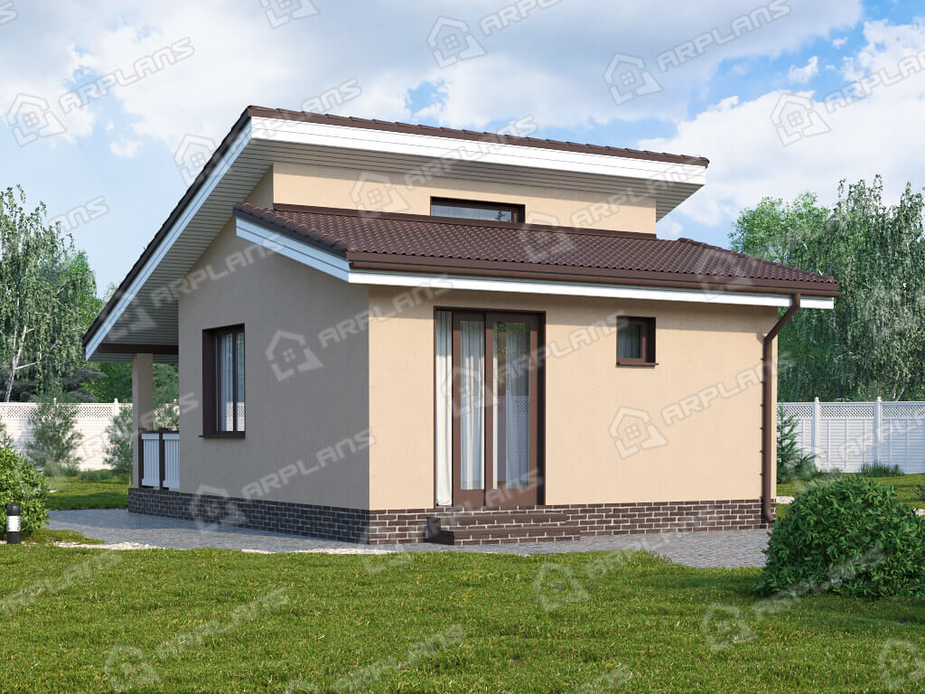 Фото 1 одноэтажной бани из газобетона с комнатой отдыха и террасой. 40 кв м. Источник arplans.ru Проект Б-073.