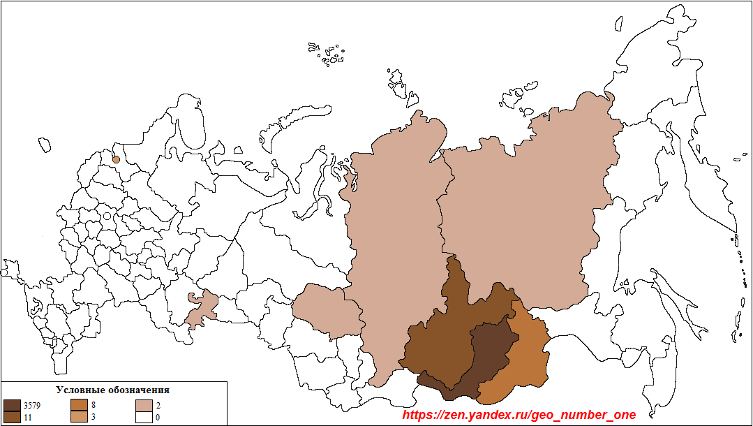 Распределение сойотов по регионам России в 2010 г., чел. (здесь и далее составлено автором по переписным данным) 
