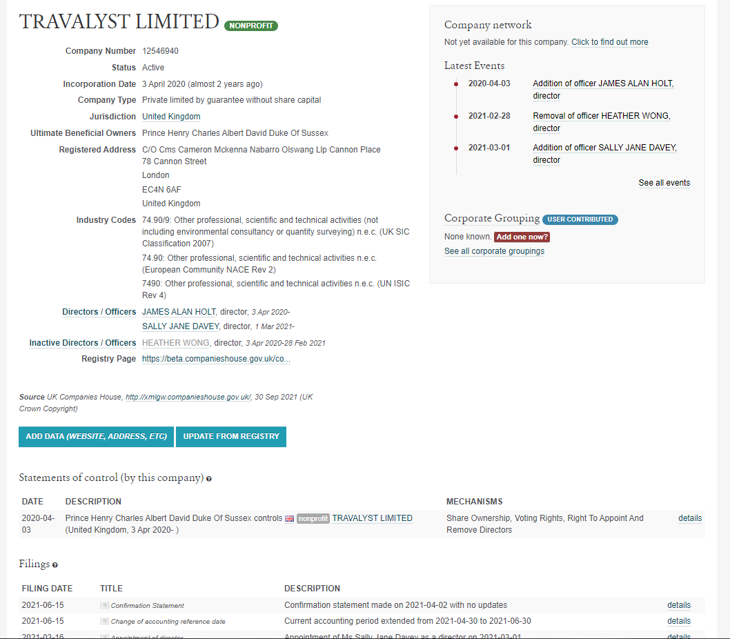 Основана 3 марта 2020 года, за 4 дня до регистрации Archewell и через 2 месяца после обьявления о Мегзите.  
James Alan Holt 05.1982. Британец
Heather Wong 03.1980. Американка
SALLY JANE DAVEY (11.1983). Британка
Prince Henry Charles Albert David Duke of Sussex (09.1984) значится только в регистрационных документах как главное лицо, имеющее право голосовать и решать
Cannon Place 78 Cannon Street на базе компании CMS Cameron McKenna Nabarro Olswang LLP, мировой компании, которая занимается налогами и правом. 
https://cms.law/en/gbr/office/london
