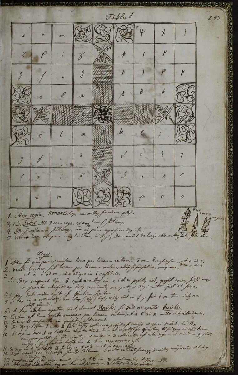 Рисунок поля для таблута и правила игры. Рукопись "Лапландского дневника" Карла Линнея, 1732 г.