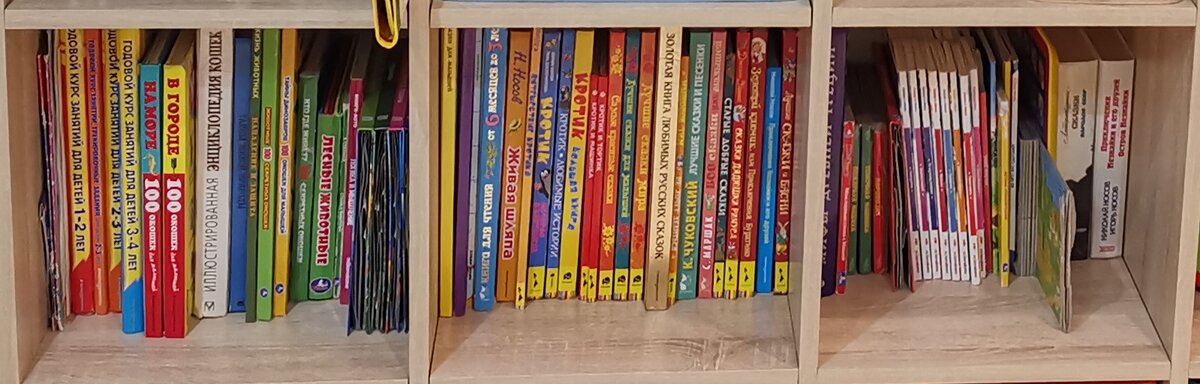 Книжные полки в детской комнате. Сейчас в правом отсеке появилось ещё 3 новых книги. 