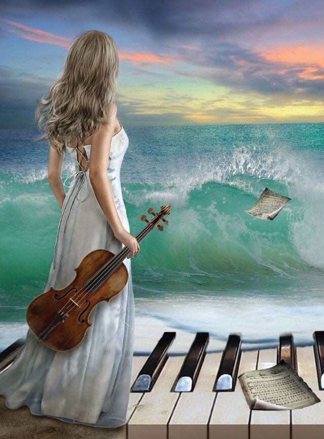 Девушка скрипка море. Утро скрипка. Скрипка картина. Доброе утро гитара.