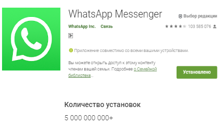 5 миллиардов установок у WhatsApp`a в GooglePlay