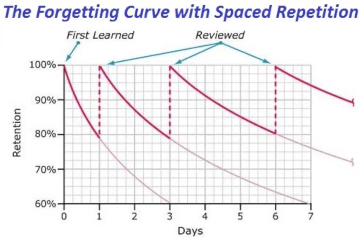 График запоминания информации с использованием метода интервальных повторений