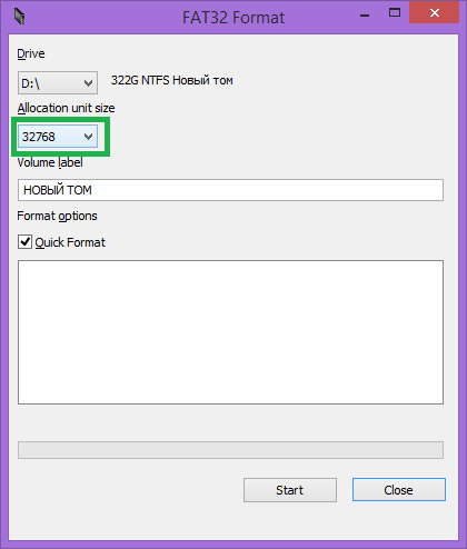 Параметр размера кластера на примере программы FAT32Format