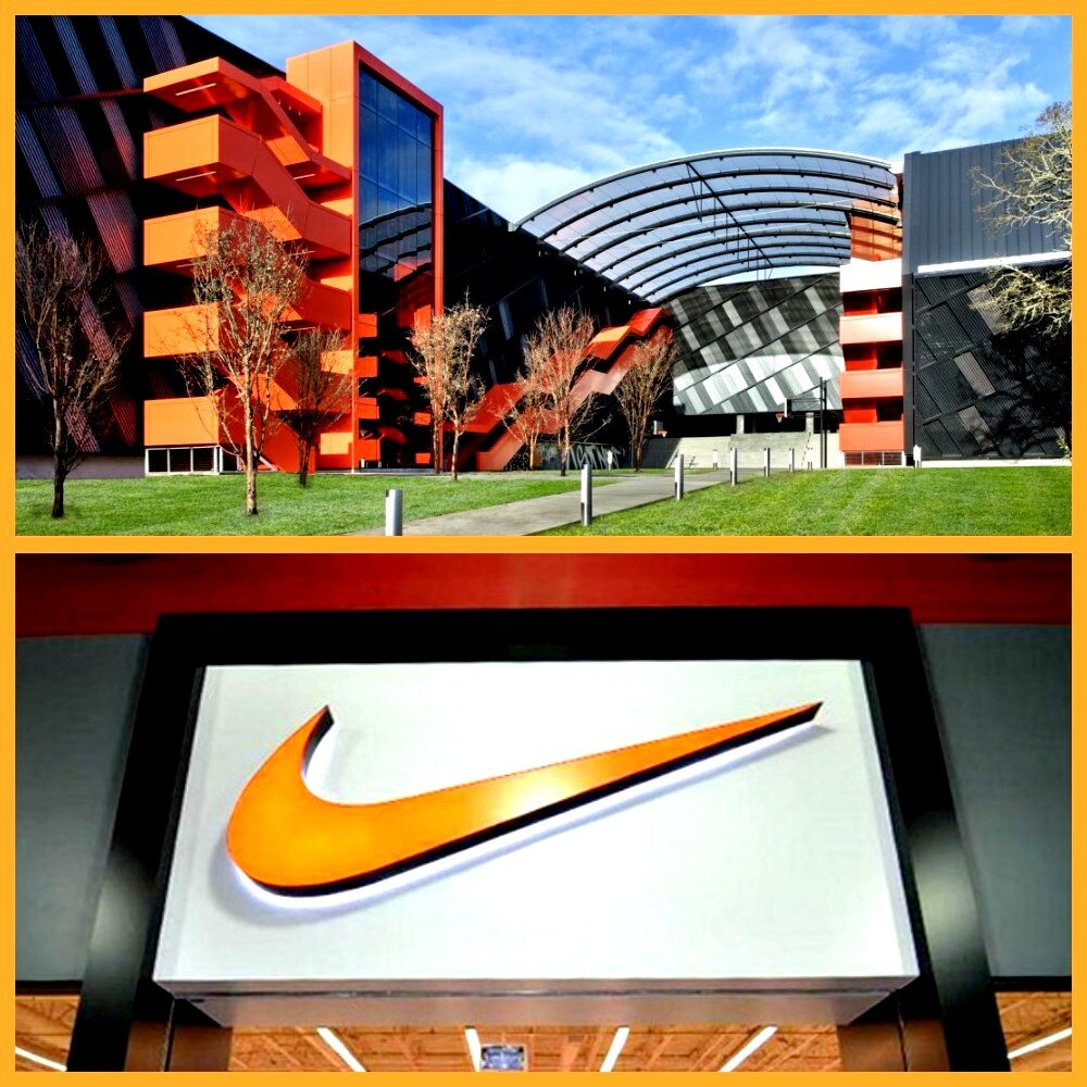 Штаб компании Nike в Бивертоне, Оригон, США, а так же фирменный логотип и цвет компании