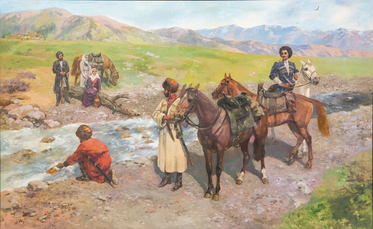 Казаки и горцы у ручья. Неизвестный художник