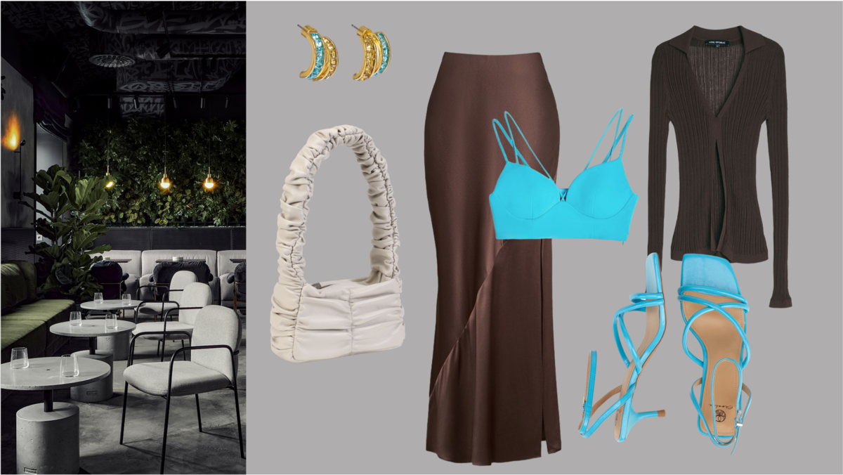 Образ, который хочется рассматривать благодаря различным тканям и фактурам. Акцентом в аутфите станет сумочка нестандартной формы, а также трендовое сочетание коричневого цвета с бирюзовым.