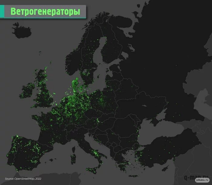 ФОТО РАСПОЛОЖЕНИЕ ВЕТРОЭЛЕКТРОГЕНЕРАТОРОВ.  ВИДНО, ЧТО НА ЮГЕ ИХ ПРАКТИЧЕСКИ НЕТ. ИСТОЧНИК СВОБОДНЫЙ.