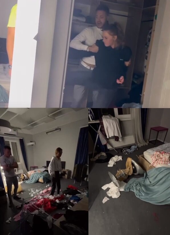 Безус держит Горину, пока она пинает Хорошева/ погром в комнате (фото из Telegram)