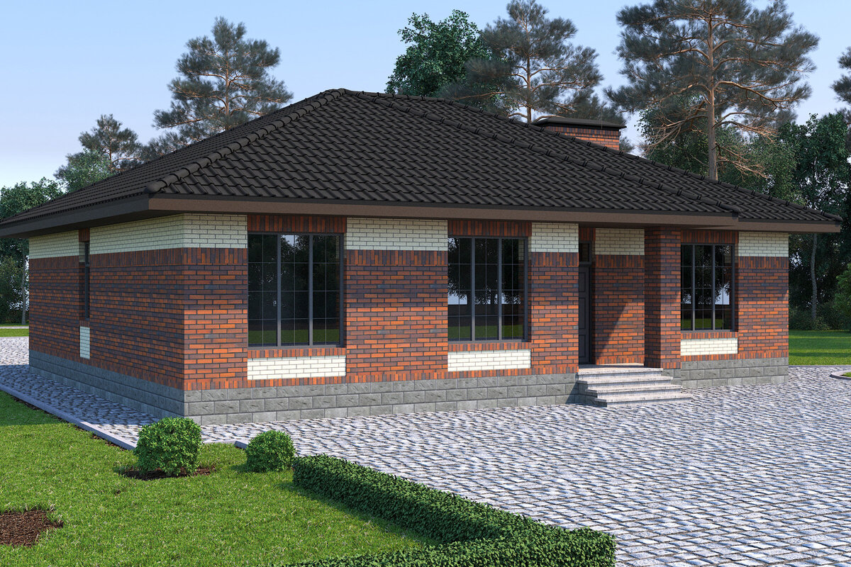 Вид на главный и левый фасады дома. Источник изображения: канал "Arh-For готовые проекты" (https://zen.yandex.ru/arh_for), Яндекс Дзен.  