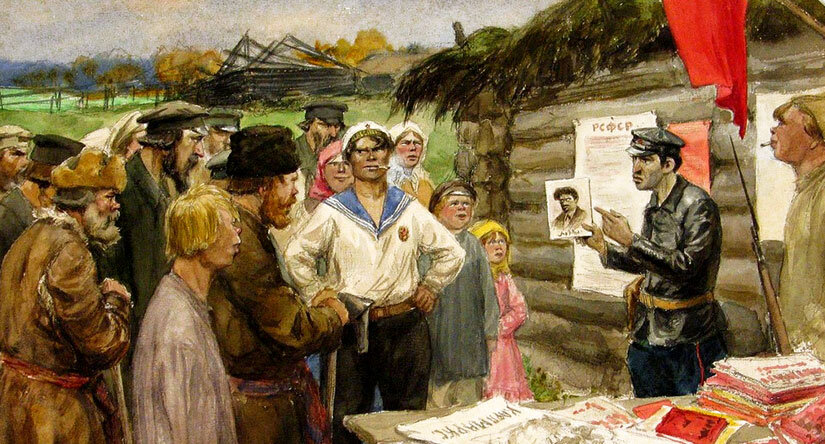 Пропагандист из продотряда агитирует крестьян. Художник Иван Владимиров