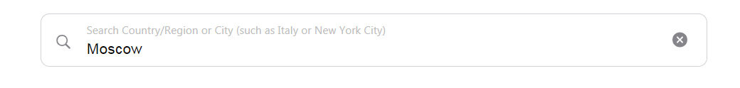 Ввод названий стран и городов пока доступен только на английском языке.