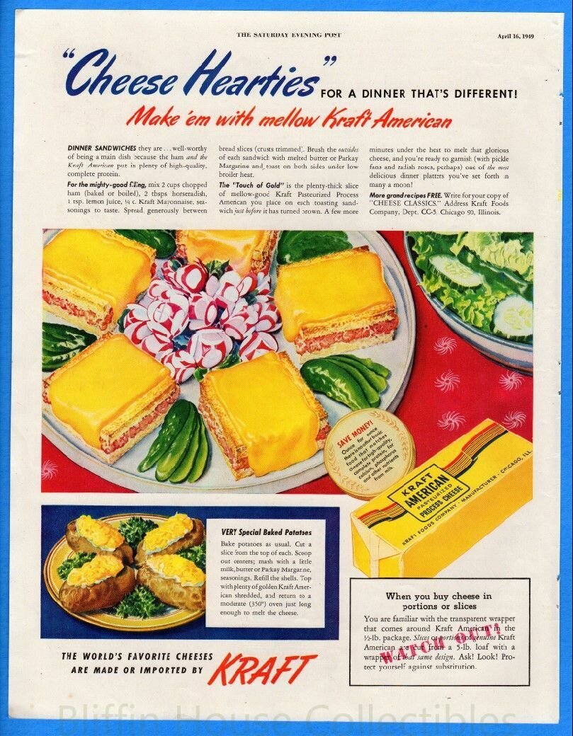 Реклама сыра Kraft 1949, 1950 и 1952 годов.