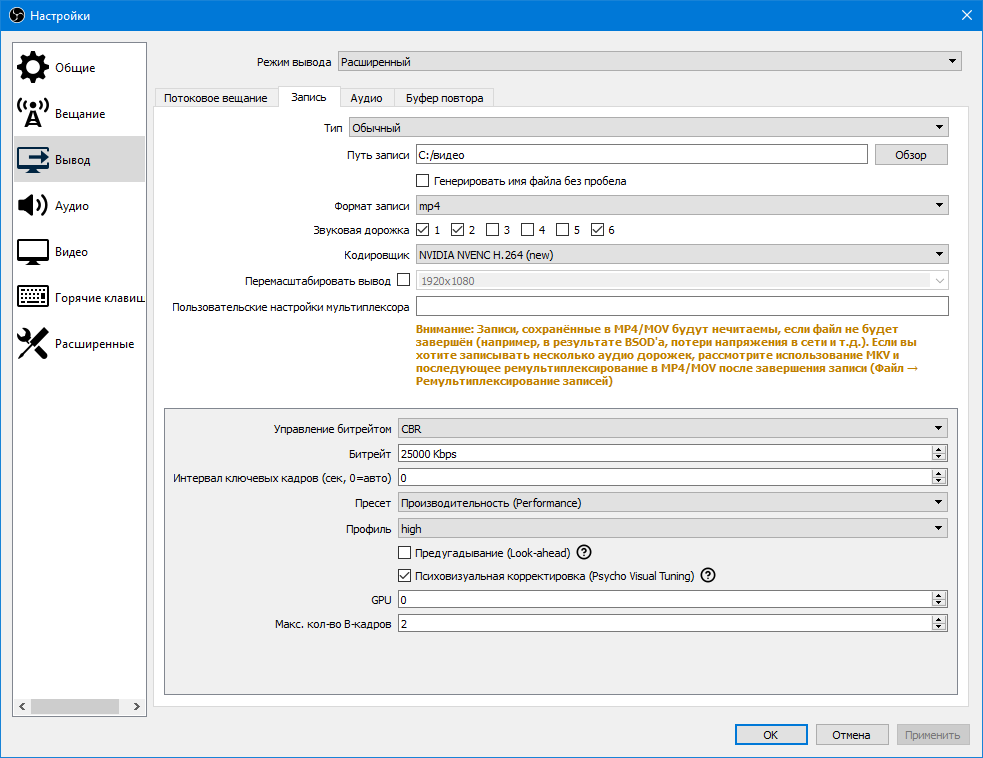 Мои настройки записи