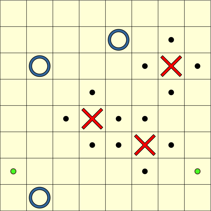 Легальные ходы красных. Зелёные точки - прыжки.