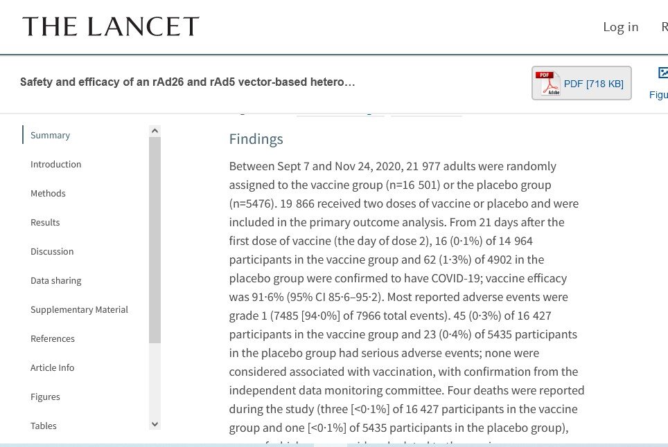 The Lancet: "анализ данных третьей фазы испытаний вакцины показал, что введение вакцины на основе аденовирусов человека обеспечивает 91,6-процентную эффективность против COVID-19"
