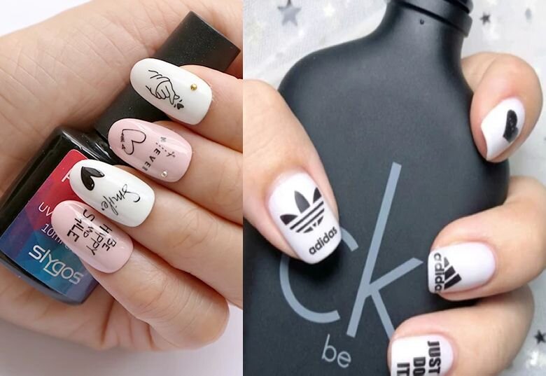 Ногти с логотипами брендов и с надписями