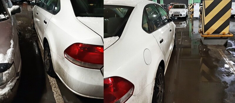 Изначально грамотно припаркованная автомашина, зачем то перепарковалась вот таким кривым способом