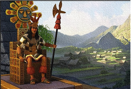 Верховный Инк, художественное изображение. Но огромные горы на заднем фоне рисунка во времена правления Инков ещё не были образованы. Страна Инков была не высоко в горах Анд, как ещё представляется по нынешнему виду территории Перу и Боливии, а в райских тропических долинах верхней Земли.