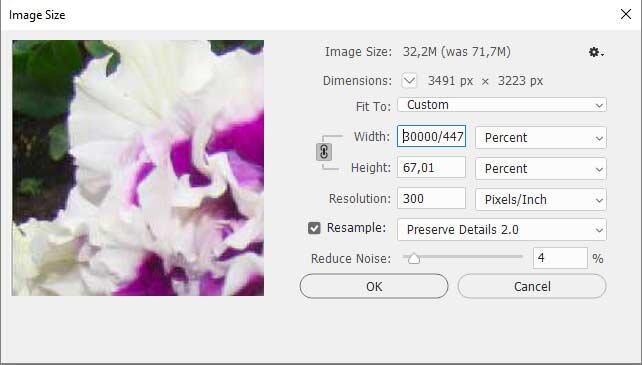 Теперь нет необходимости пользоваться калькулятором, пишем необходимые вычисления прямо в поле диалога. (здесь два поля взаимосвязаны, поэтому результат вычисления процентов можно увидеть сразу во поле высоты изображения)