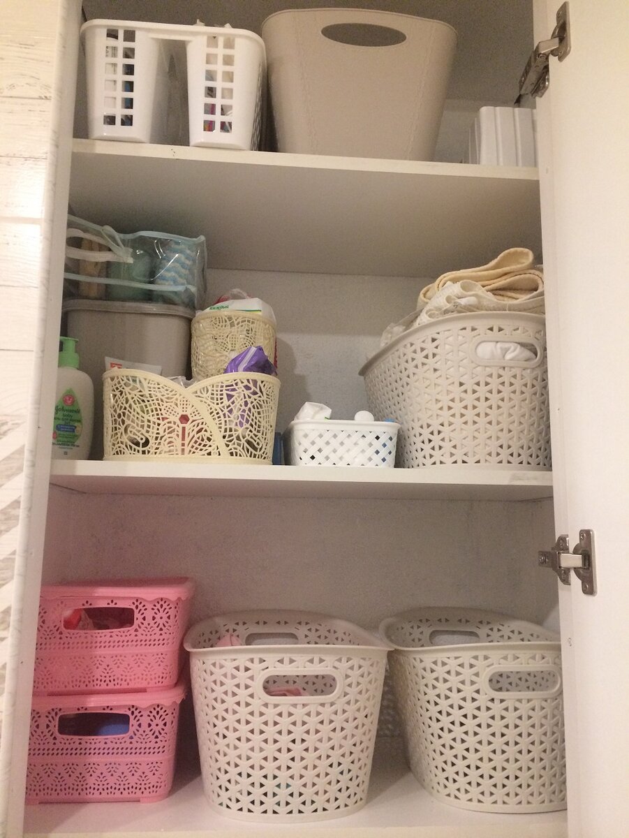 У меня так организовано хранение в ванной, все удобно и понятно )