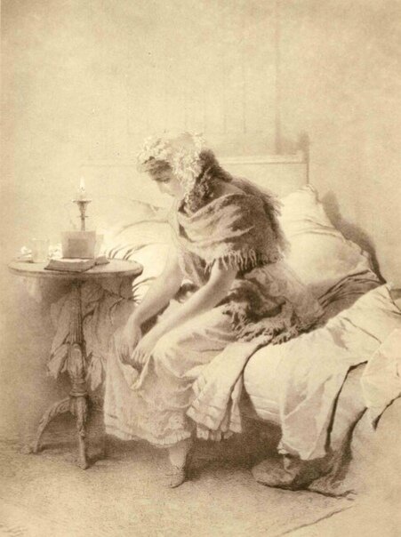 Иллюстрация М. Зичи к роману Лермонтова. Очень хорошо художник передал состояние девушки через обессиленно упавшие руки. Не скрещенные, как у Лермонтова, каким-то образом  на коленях. А именно такие - упавшие. Только на этом рисунке я вдруг увидела ее по-настоящему - эту героиню. И смогла почувствовать. (Никогда, кстати, не понимала, как это опускают голову на свою собственную грудь - не дотянешься же.)