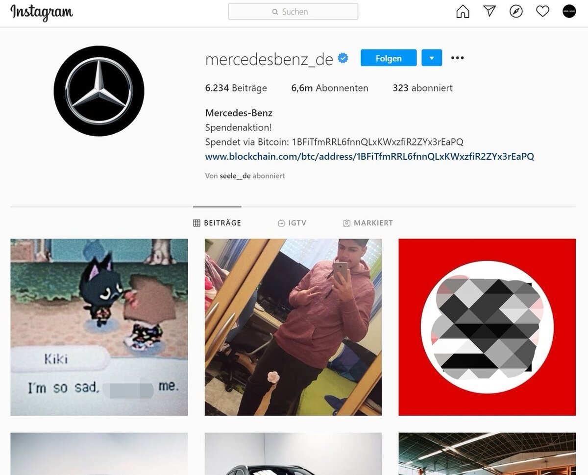 Взломанный аккаунт Mercedes-Benz  Instagram (mercedesbenz_de). Источник: Яндекс.Картинки.
