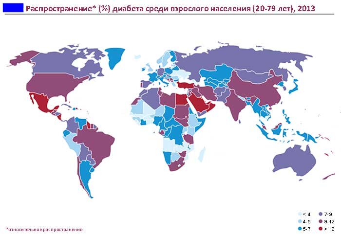 Процент взрослых, страдающих от диабета, на карте мира