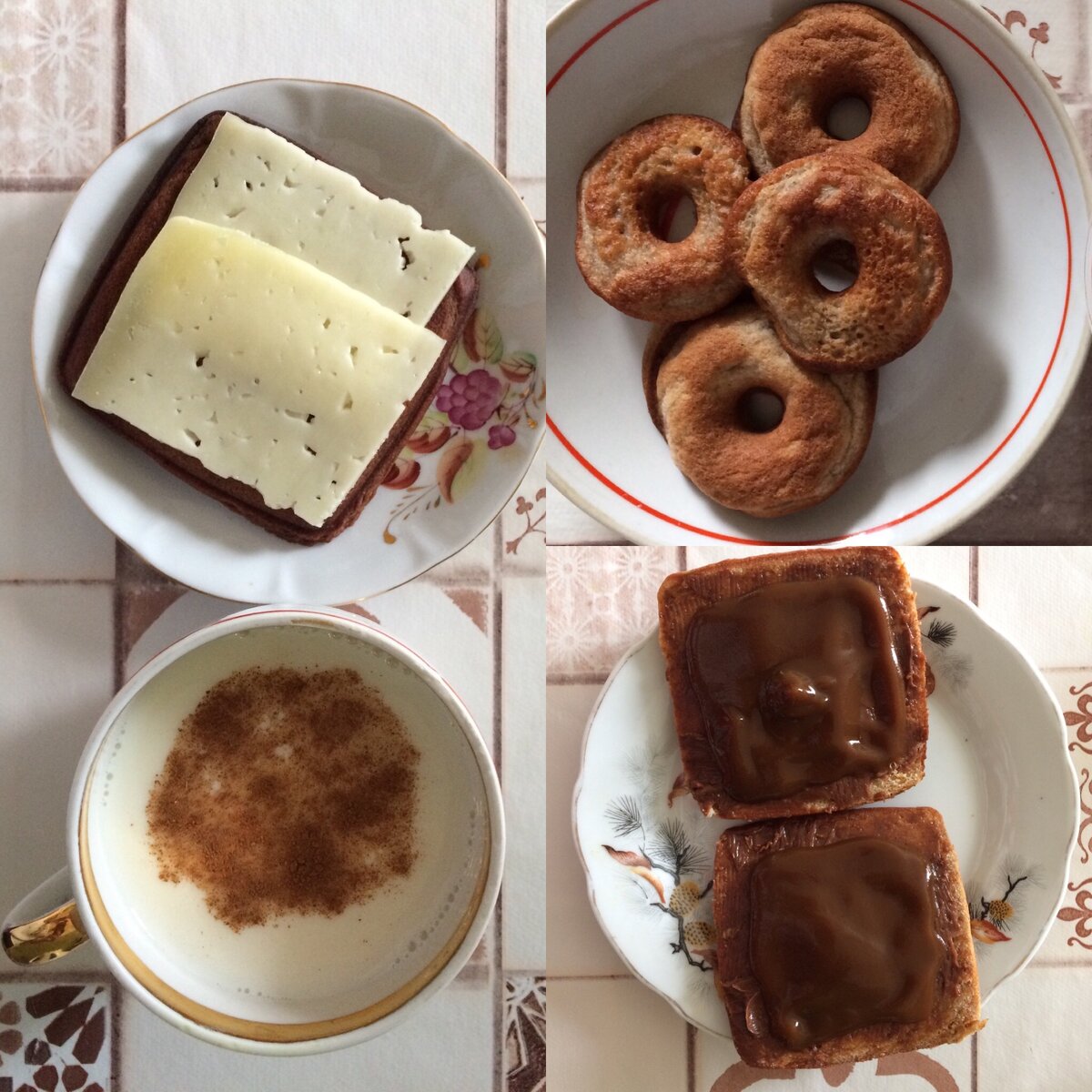 На фото представлены мои оригинальные варианты блюд для второго завтрака: пряник + кусочек сливочного сыра / пончики / печенье, разрезанное пополам + детское фруктово-ягодное пюре без сахара. Ко всем блюдам идет в дополнение один и тот же напиток: молоко жирности + пряности: корица / кардамон