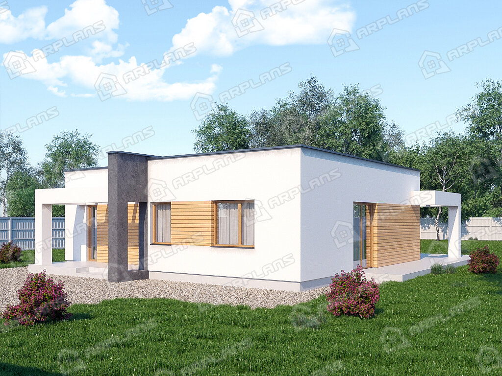 Фото 2 одноэтажного дома из газобетона с 2 спальнями и террасой. 80 кв м. Источник arplans.ru Проект К-164