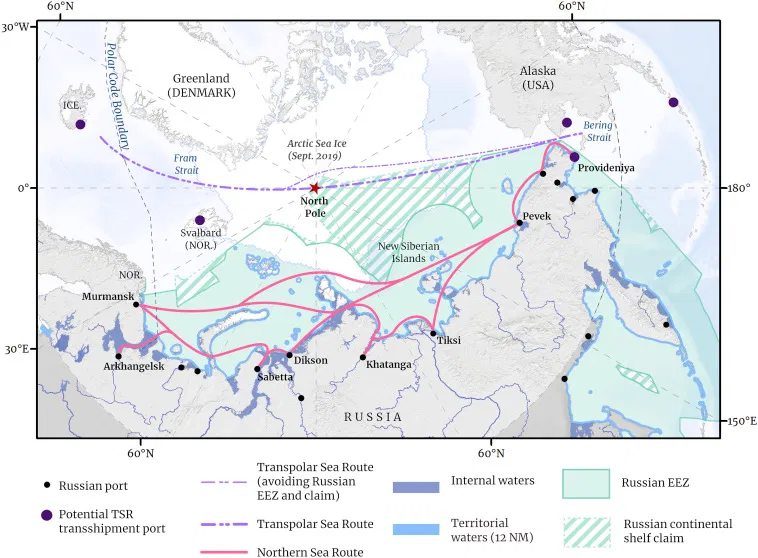Сравнение Трансполярного и Северного морского пути. Источник: Mia Bennett et al. The opening of the Transpolar Sea Route: Logistical, geopolitical, environmental, and socioeconomic impacts (2020), maritime-executive.com