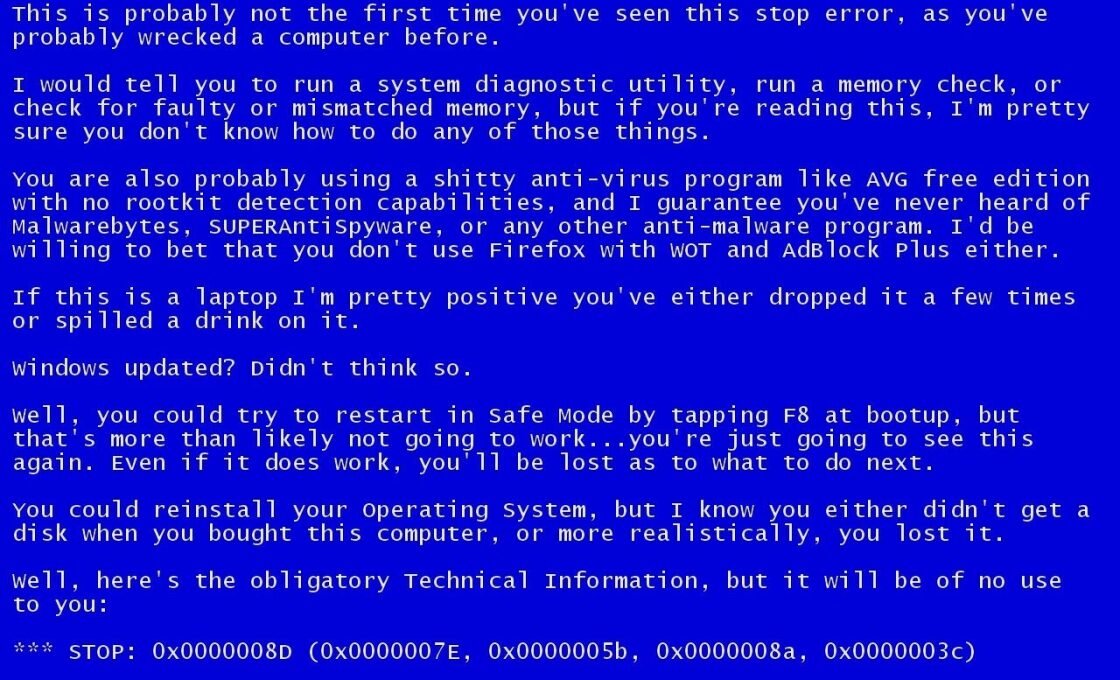 происходит самопроизвольное выключение компьютера, погашение экрана (чаще всего при перегреве видеокарты), или появляется BSOD (синий экран);Обычно синие экраны смерти вызваны неисправностью оборудования компьютера или драйверами
