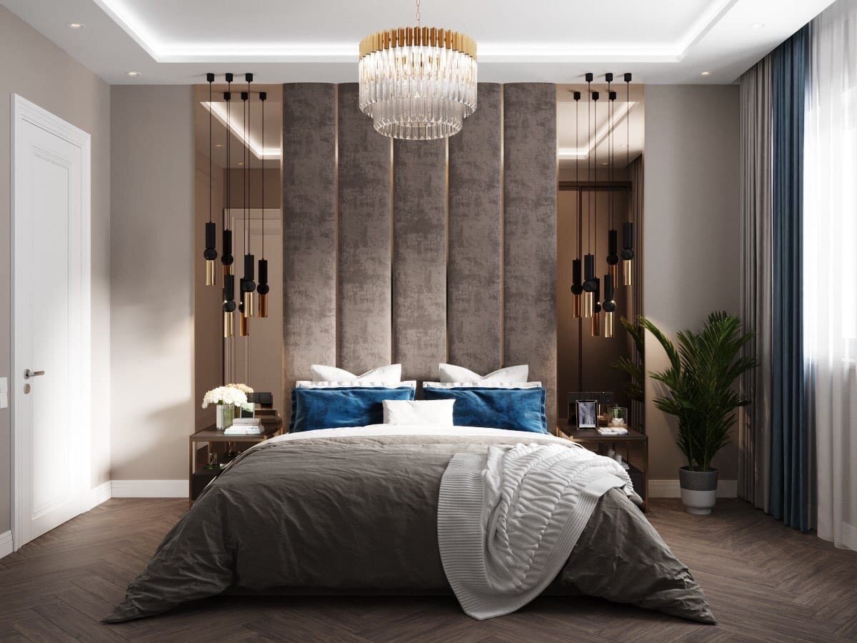 Визуализация спальни в коттеджном поселке в МО. Вместе с дизайнером мы сделали вот такое функциональное и красивое пространство.