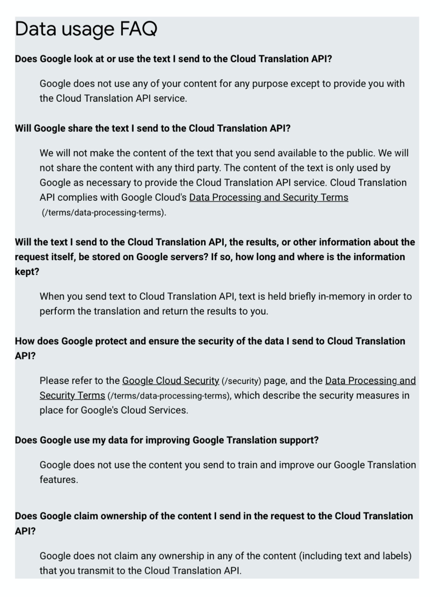 Условия использования Google Cloud Translation API