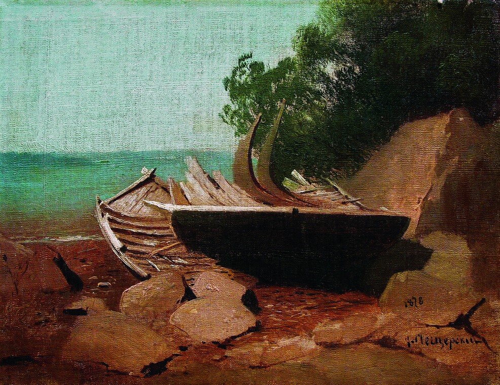Мещерский А. И., «Барки на берегу», 1878, холст на картоне, масло. 28 x 37 см, частное собрание