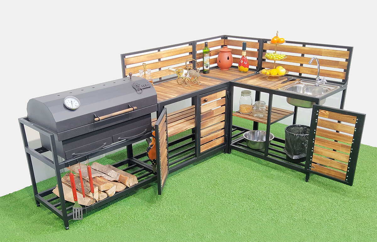 Угловая уличная кухня барбекю с мойкой