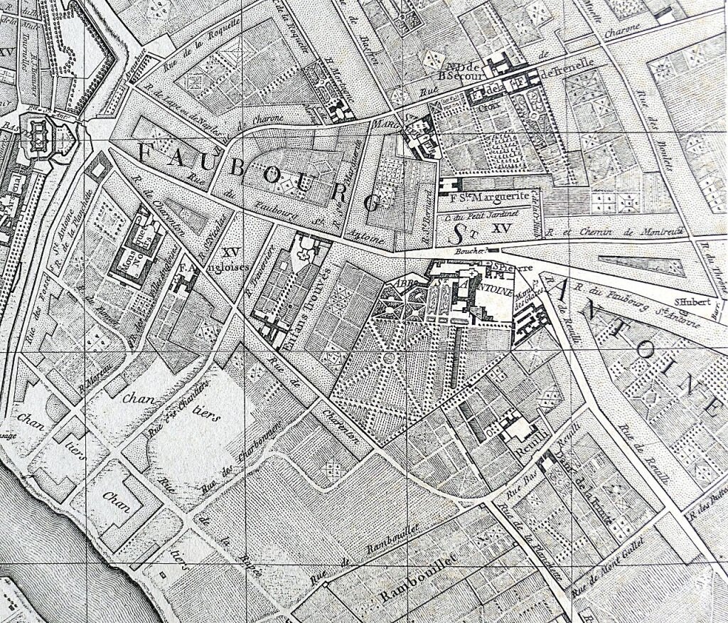 Фрагмент карты Жиля Робера де Вогонди с изображением предместья и улицы Фобур Сент-Антуан 1760 год