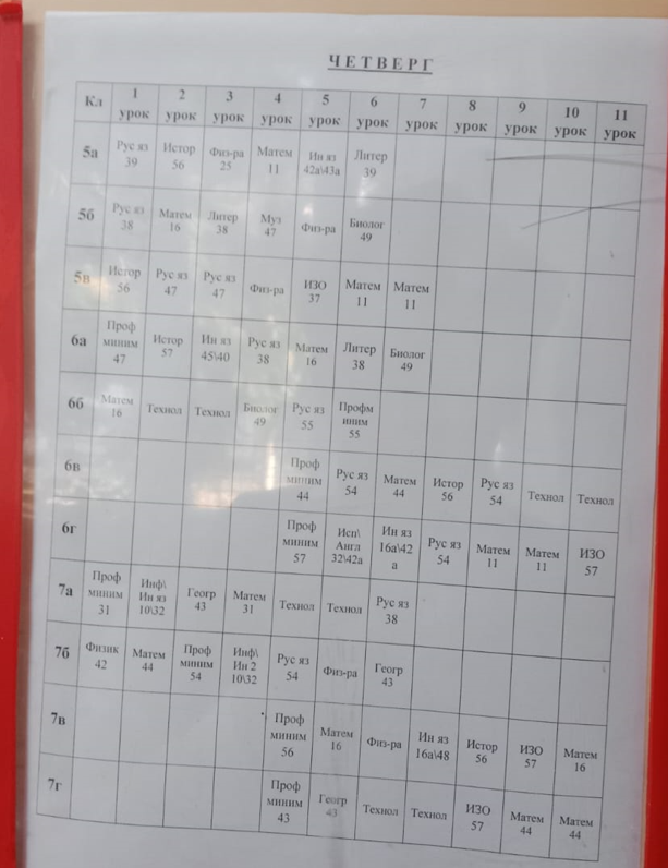 Расписание на сегодня. С 5 урока учится вторая смена.