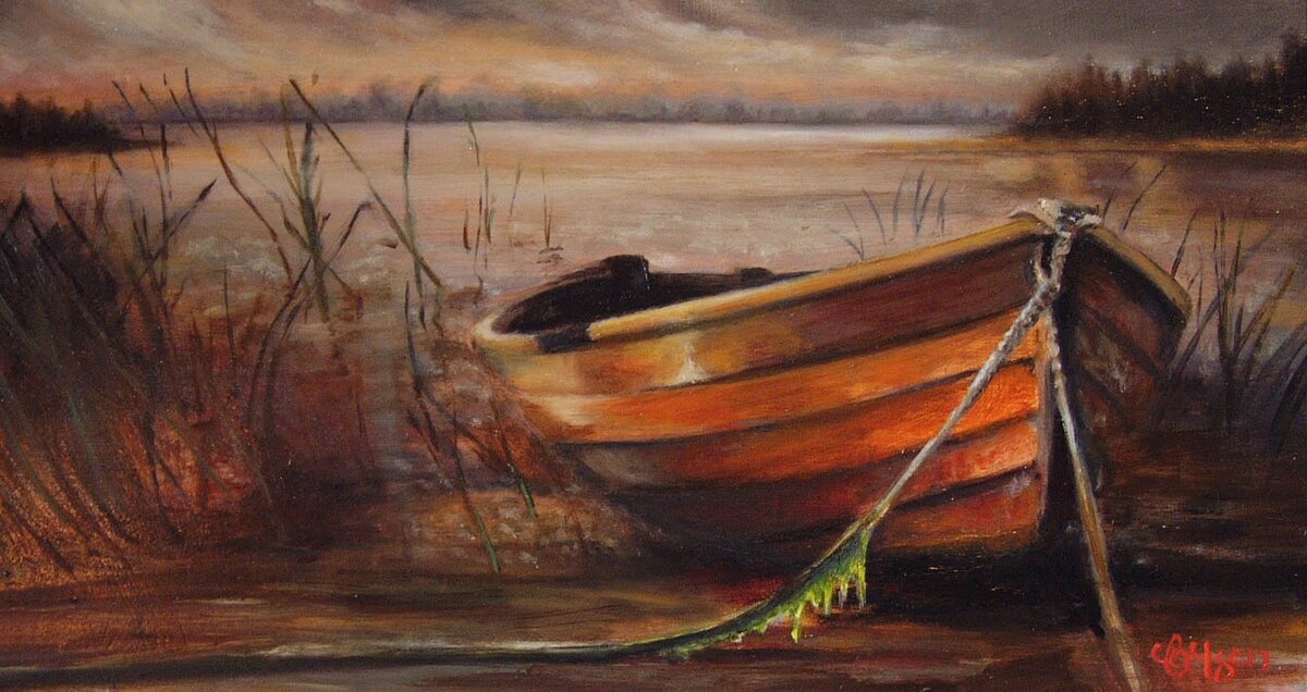 Произведение лодка. Лодки живопись. Пейзаж с лодкой. Картина Старая лодка. Пейзаж с лодочкой.