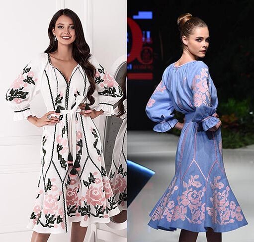 Платья в народном стиле с обработкой низа рукава на резинке